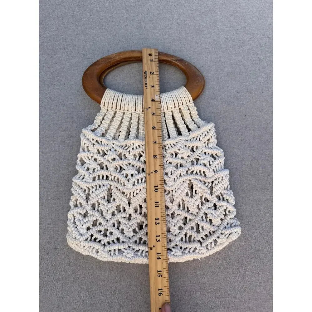 Vintage Macramé Handbag Wooden Handle Boho Ivory Rope Purse Unbranded